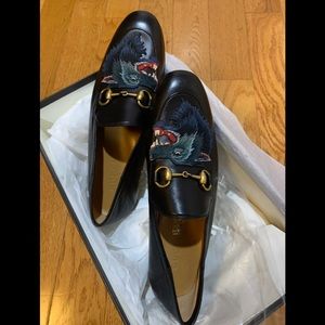 GUCCI Calfskin Mens Wolf Brixton Loafers 7 Black